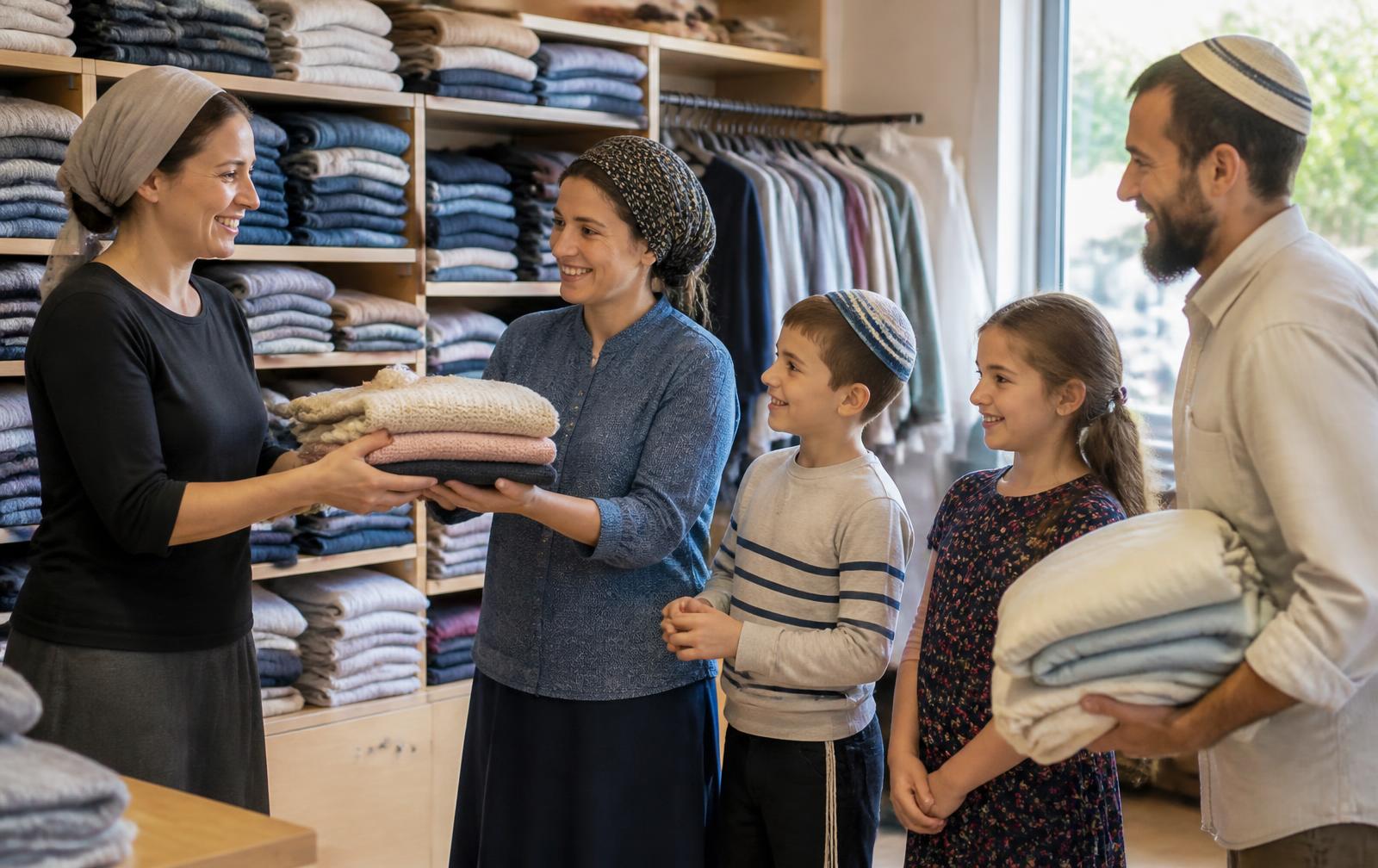 Families in Israel receiving folded clothing and linens at a Yad Leah store